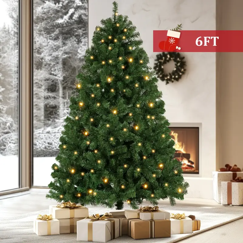 6FT Pre-Lit Artificial Christmas Tree, PVC Evergreen with 756 Branch Tips, Green - Easy Assembly, Sturdy Base, Perfect for Ho...