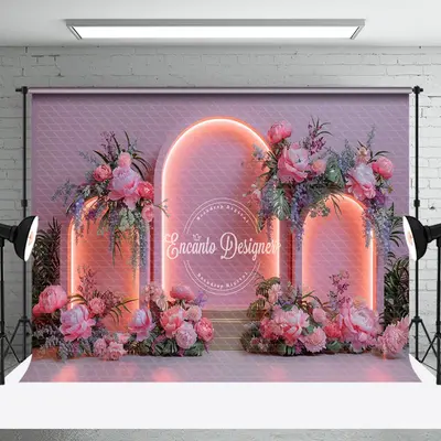 Aperturee Pink Light Arch Wall Romantic Floral Wedding Backdrop | Simple Wedding Backdrop | Backdrop For Indian Wedding | Wed...