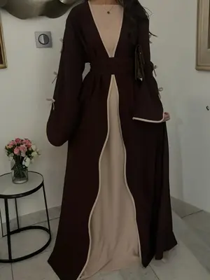 Women's Contrast Binding Bow Decor Belted Abaya, Modest Casual Long Sleeve Open Front Abaya for Daily Wear, Ladies Islamic Cl...