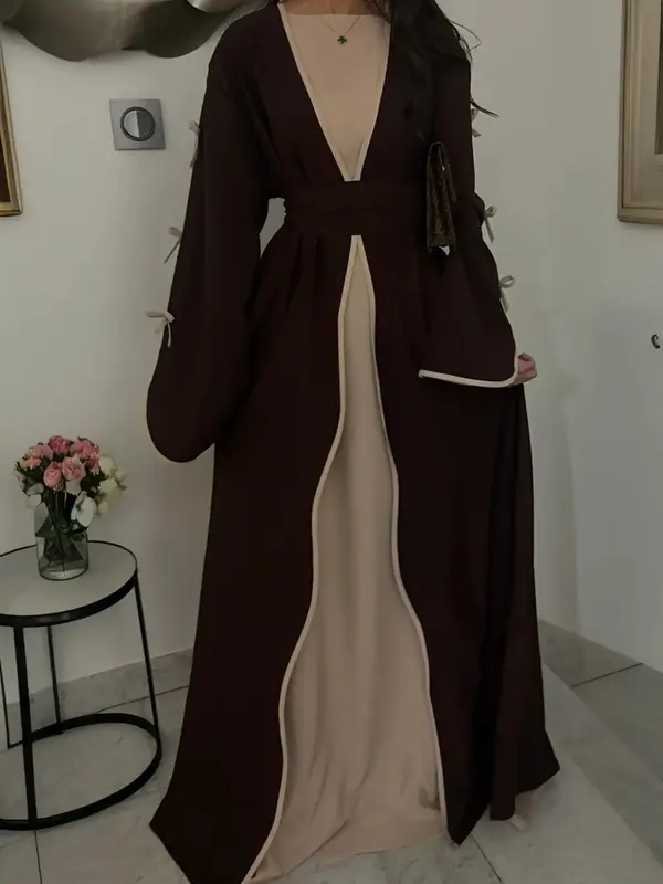 Women's Contrast Binding Bow Decor Belted Abaya, Modest Casual Long Sleeve Open Front Abaya for Daily Wear, Ladies Islamic Cl...