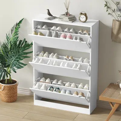 Natural Finish Adjustable Shoe Cabinet with Hidden Storage,Shoe Storage Cabinet with 3 Flip Drawers,Narrow Shoe Rack Cabine...