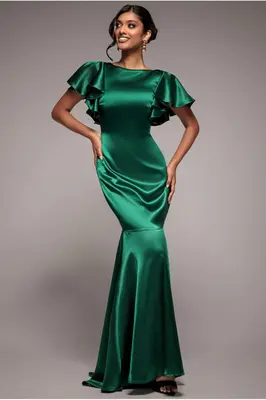 Goddiva Satin Flutter Sleeve Mermaid Maxi - Emerald Green