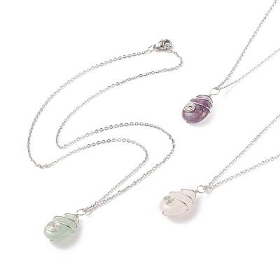Teardrop Copper Wire Wrapped Natural Gemstone Pendants Necklace