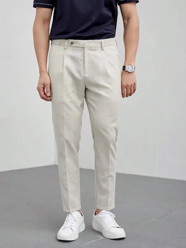 Men's Solid Button Front Elastic Waist Suit Pants, Business Casual Regular Fit High Waist Slim Trousers For Work Office, Mens...