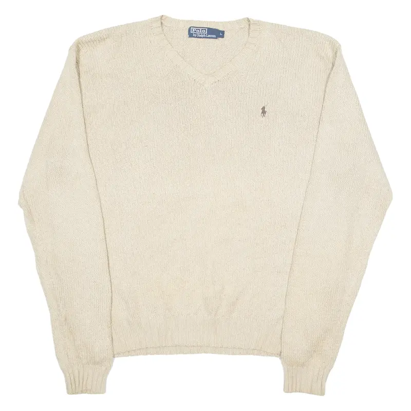 POLO RALPH LAUREN Mens Jumper Beige V-Neck Tight Knit L
