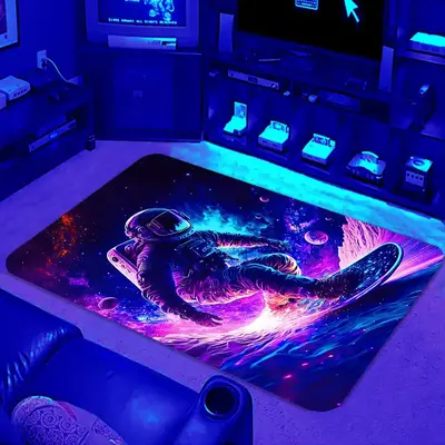 3d Astronaut Pattern Flannel Carpet, 1 Count Non-slip Uv Light Reactive Area Rug, Cool Bedroom, Summer Bedroom Decor, Decor...