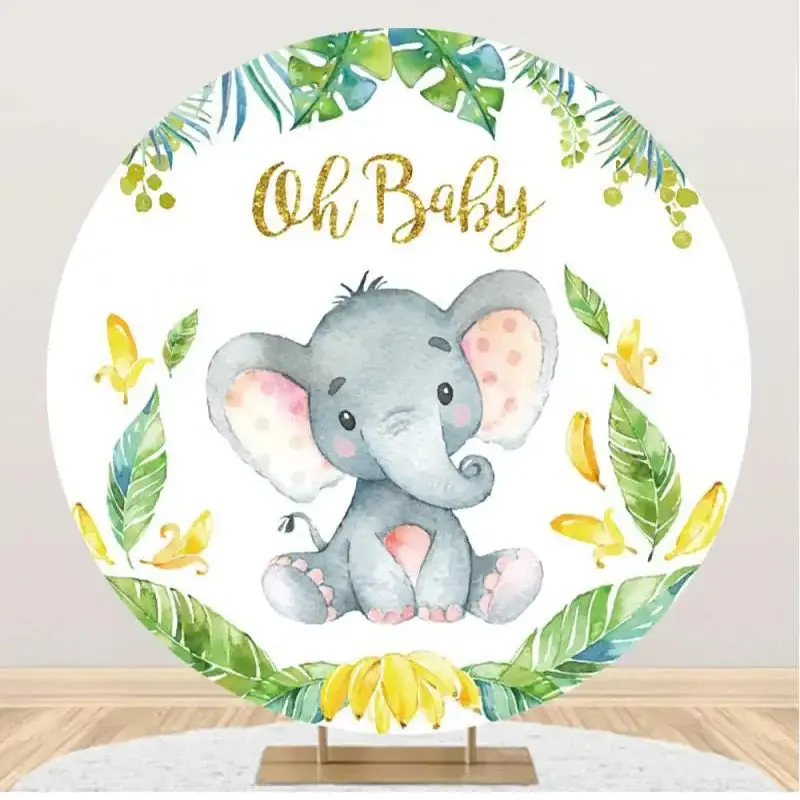 Cute Elephant Green Leaf Round Baby Shower Backdrop - Aperturee