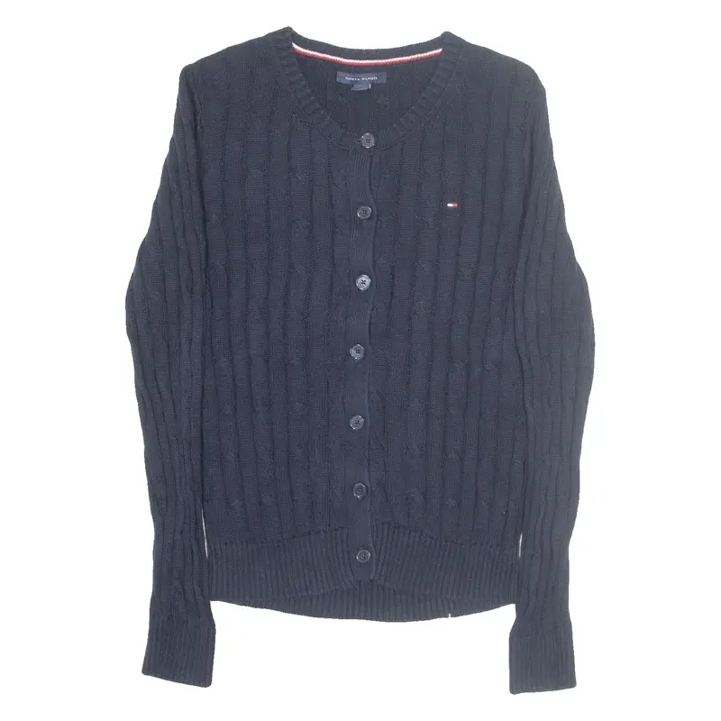 TOMMY HILFIGER Womens Cardigan Blue Button Neck Cable Knit XS