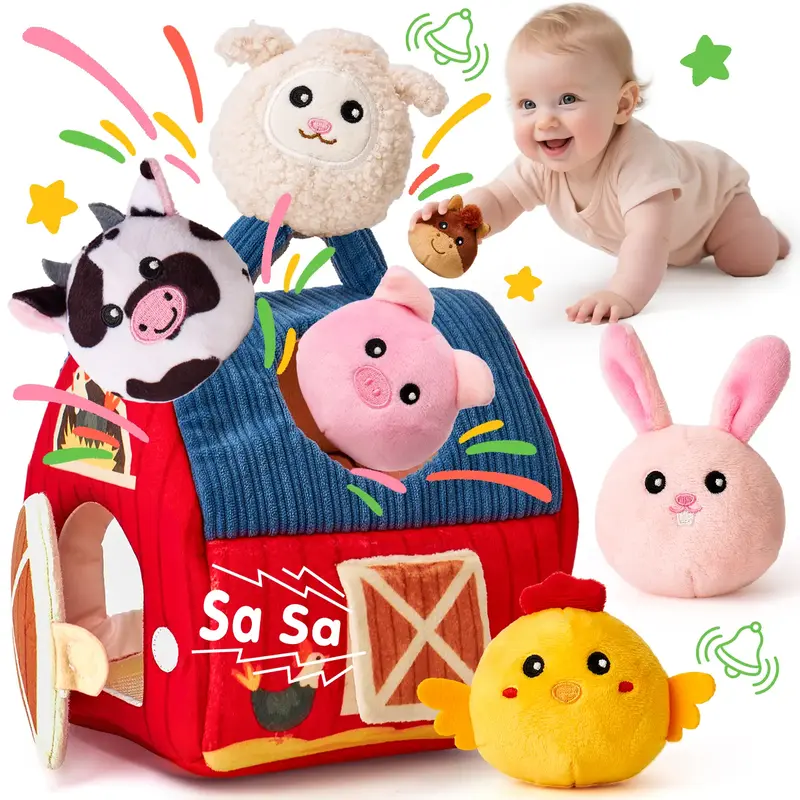 Surprise Barn with Stuffed Farm Animals Baby Toys 6-12 Months - Rattle, Crinkle Paper, Mirror - Montessori Developmental Toys...