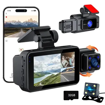 WiFi App Control 3 Channel Dash Camera Front + Inside + RearRecording 170° Wide-Angle Dashcam with Night Vision, Automative ...
