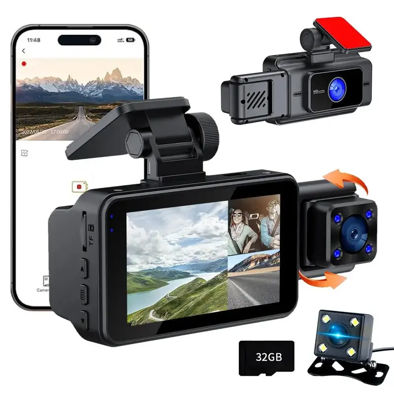 WiFi App Control 3 Channel Dash Camera Front + Inside + RearRecording 170° Wide-Angle Dashcam with Night Vision, Automative ...