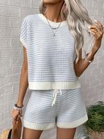 Women's Solid Ribbed Knit Sweater & Elastic Waist Shorts Two-Piece Set, Casual Fashion Cozy Knitwear Set for Daily Outdoor We...