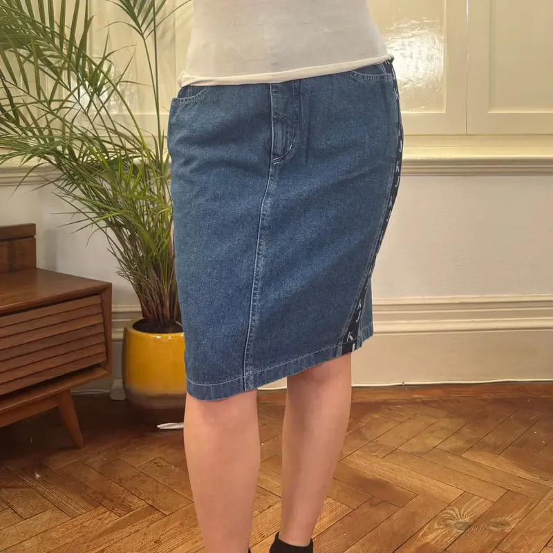 Krizia Midi Denim Skirt - 27W UK 8 Blue Cotton