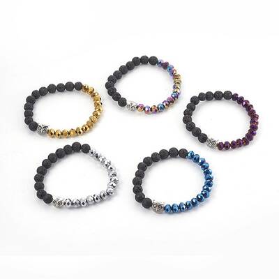 Electroplate Glass & Natural Lava Rock Stretch Bracelets