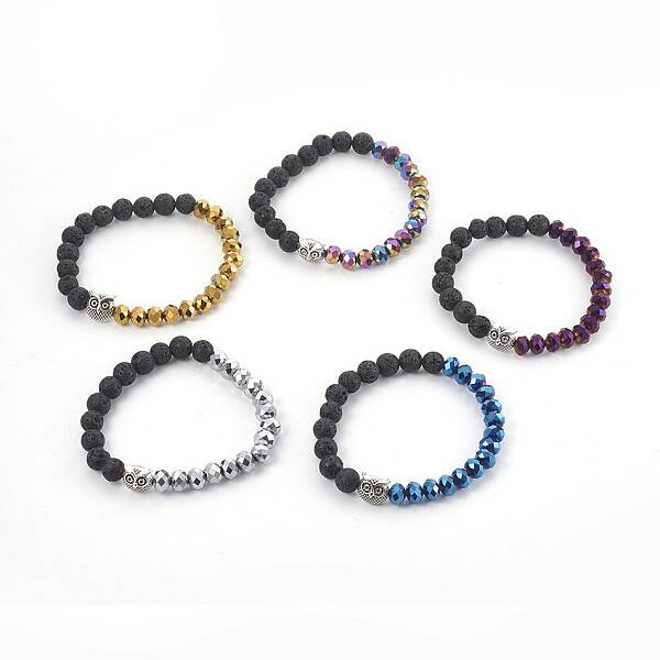 Electroplate Glass & Natural Lava Rock Stretch Bracelets