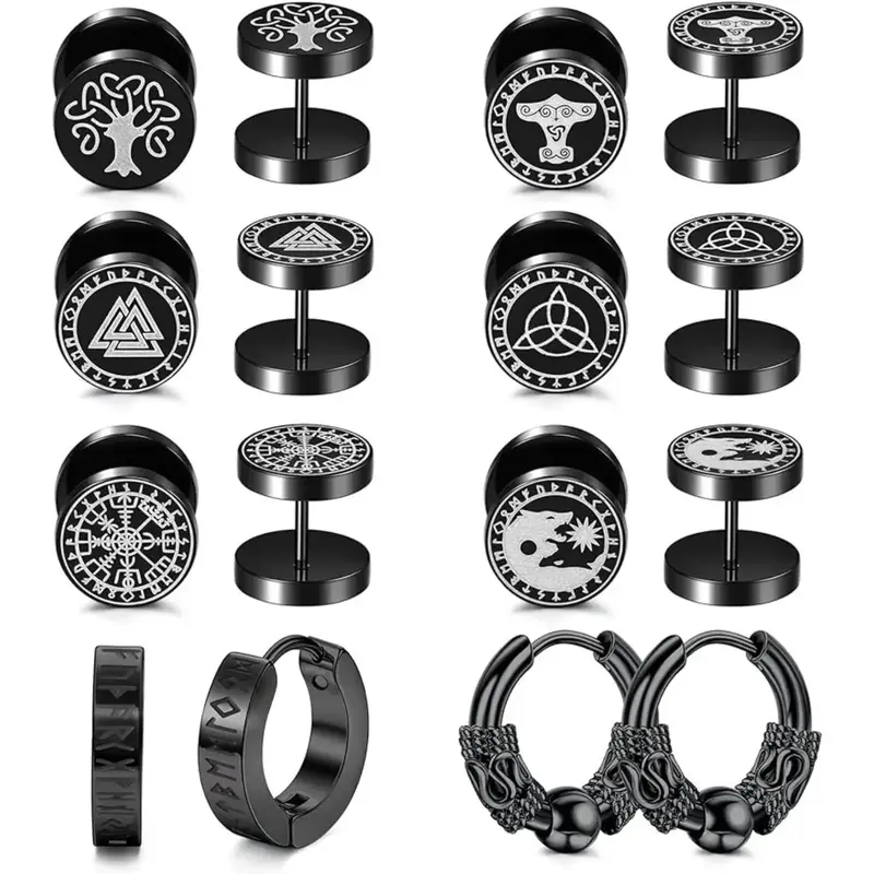 Jstyle 8Pairs Viking Earrings for Men Stainless Steel Norse Viking Stud Earrings Fake Gauges Plug Viking Huggie Hoop Mens Ear...