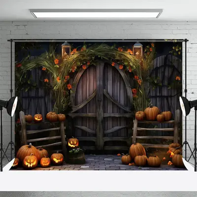 Wood Door Spooky Pumpkin Halloween Photo Backdrop - Aperturee