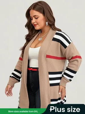 【Plus Size】 Striped Print Drop Shoulder Long Cardigan, Casual Long Sleeve Open Front Knitwear for Fall & Winter, Long Sle...