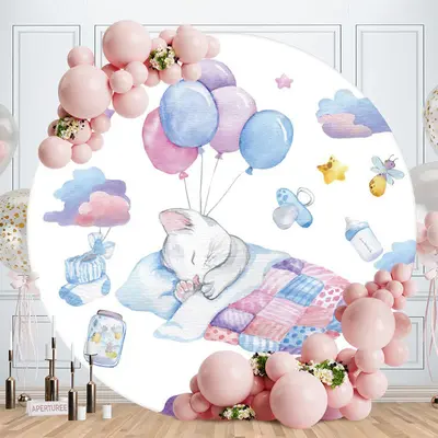 Aperturee Purple Blue And Cat Round Baby Shower Backdrop