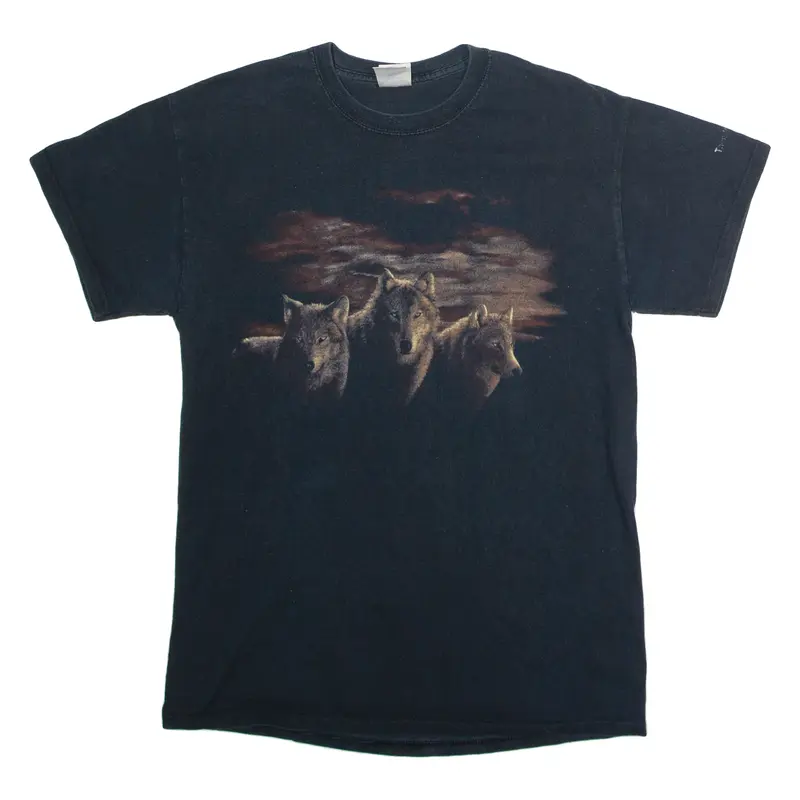 Wolf Print Mens T-Shirt Black Crew Neck M