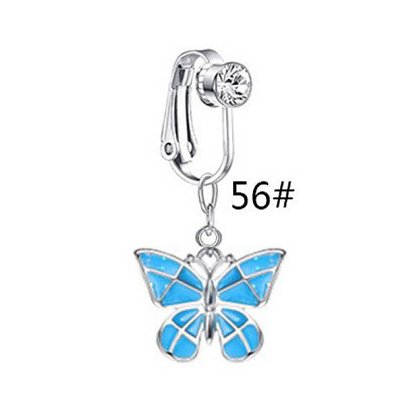 304 Stainless Steel Pave Clear Cubic Zirconia and Enamel Butterfly Dangle Clip on Belly Rings