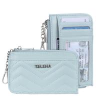 Telena New Year Slim Wallet Women RFID Blocking Credit Card Holder Leather Coin Purse with Silver Keychain Blue Great Gift