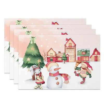 Aperturee Snowy Town Snowman Bunny Christmas Set Of 4 Placemats, 14x12 Inch, 15.8 USD, NYWH00387-S, placemats