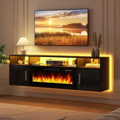 【2 Packages Shipping】PUKAMI Floating Fireplace TV Stand 70'' Wall Mounted Shelf, LED Light Entertainment Center and Stora...