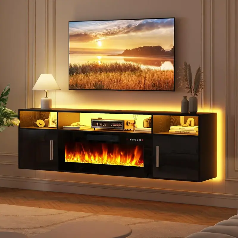 【2 Packages Shipping】PUKAMI Floating Fireplace TV Stand 70'' Wall Mounted Shelf, LED Light Entertainment Center and Stora...