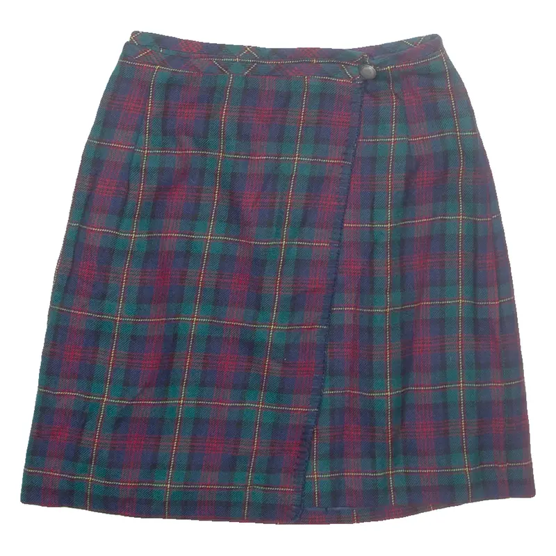 Womens Wrap Skirt Green Knee Length Wool Check XS