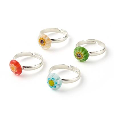 Flower Flat Round Millefiori Glass Adjustable Ring