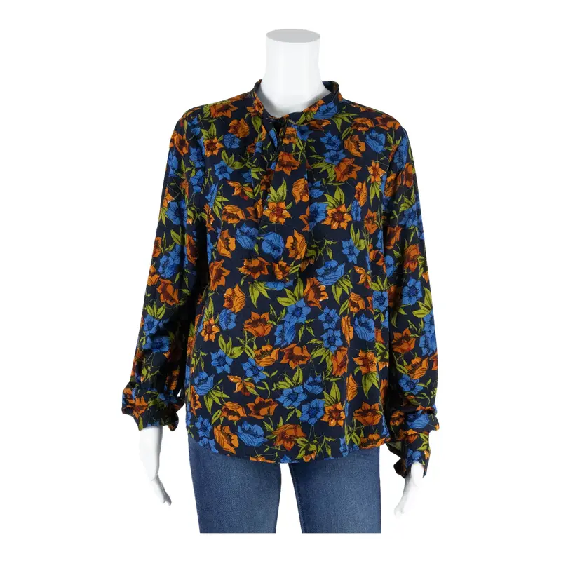 LOUCHE Bow Neck Blouse Blue Floral Long Sleeve Womens L