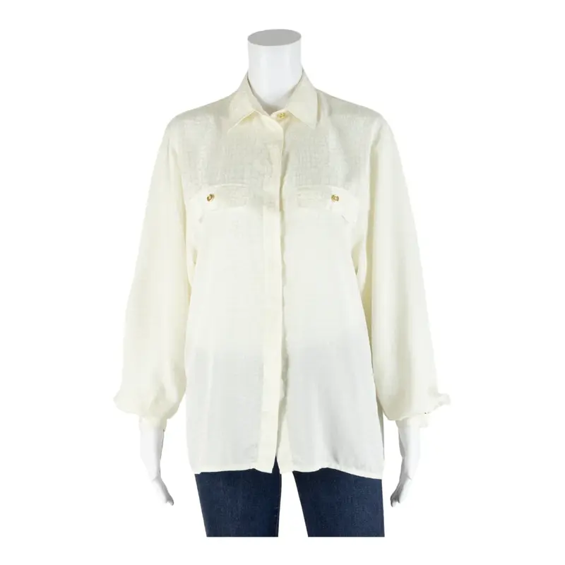 JULIETTA Croc Print Blouse Cream Collared Long Sleeve Womens L