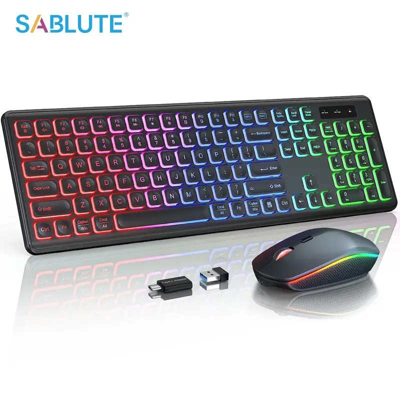 SABLUTE KL1 Wireless Keyboard and Mouse Set(non-bluetooth) - Rainbow RGB Backlit with Light Up Letters. Full-Size, Rechargeab...