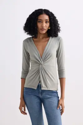 Twist Front Knit Shirt in Light Olive | Color: Frost & Mist | Size: 3XL