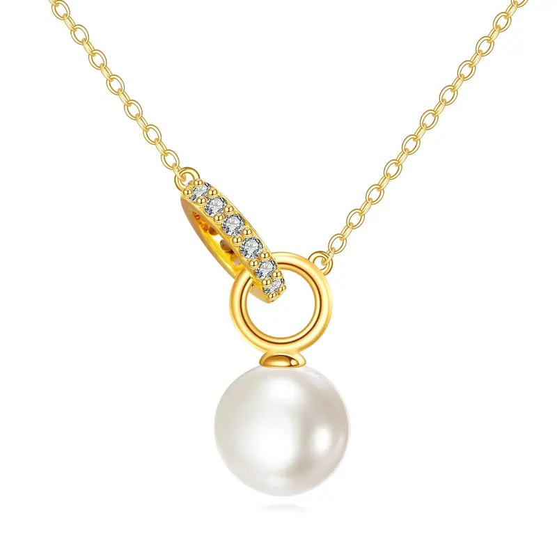 14K Gold Circular Shaped Cubic Zirconia & Pearl Bead Pendant Necklace