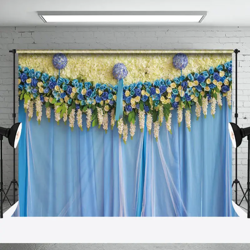 Blue Yellow Floral Valentines Day Photo Backdrop - Aperturee