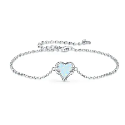 Sterling Silver Heart Opal Angel Wing With Heart Charm Bracelet For Women