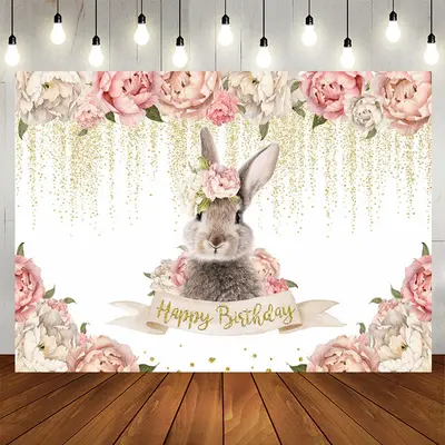 Aperturee Pink Floral And Rabbit Glitter Birthday Backdrop