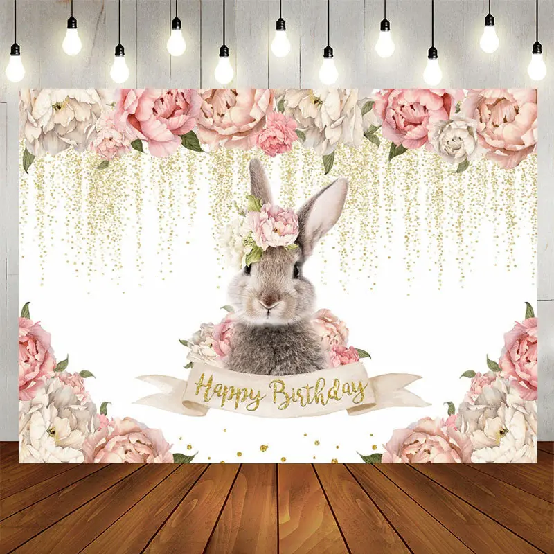 Aperturee Pink Floral And Rabbit Glitter Birthday Backdrop