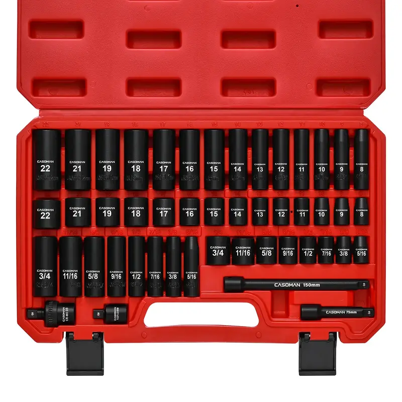 CASOMAN 49-Piece 3/8 Drive Impact Socket Set SAE/Metric 6 Point CR-V Steel Includes Extension Bar Adapter & Universal Joint...