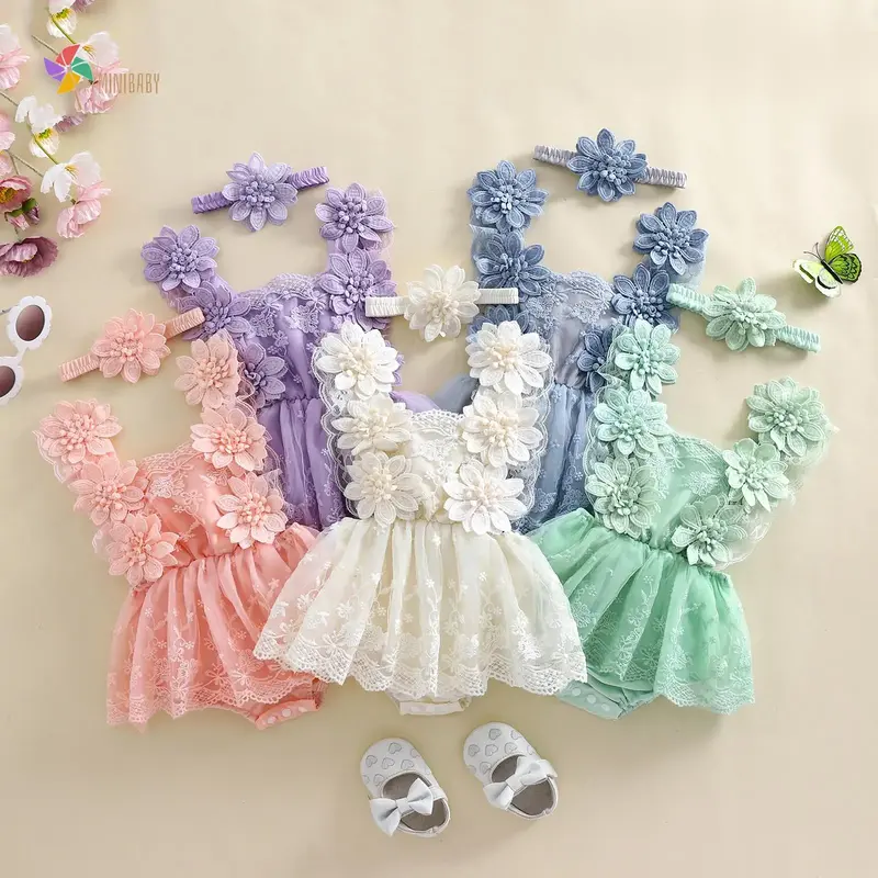 Baby Girl Summer 2 Piece  Outfit, Flower Embroidery Tie-Up Mesh Romper Dress Bow Headband Gift Set
