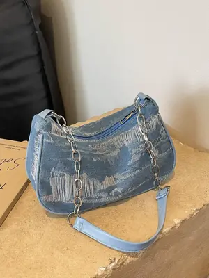 Fashion Chain Decorated Canvas Shoulder Bag, Casual Versatile Solid Color Small Square Bag For Women