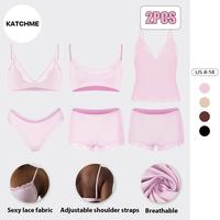KatchMe Women's Sexy Lace Series Spaghetti Strap Lace Trim Wirefree Breathable Bralette & Panties Set, Basic Underwear Set