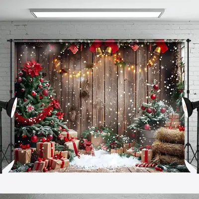 Aperturee Wood Board Snowflake Poinsettia Christmas Backdrop