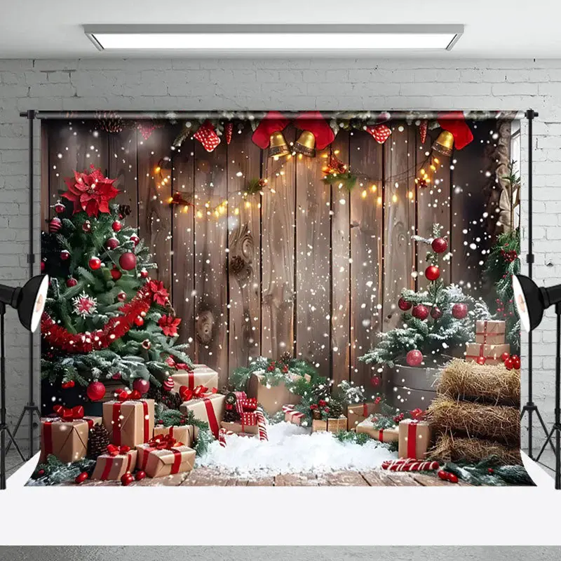 Aperturee Wood Board Snowflake Poinsettia Christmas Backdrop