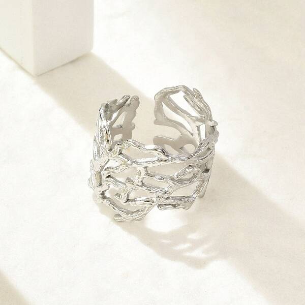 304 Stainless Steel Hollow Wide Cuff Rings for Women