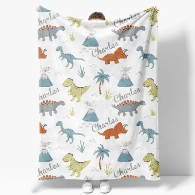 Safari Dinosaurs Trees White Custom Name Blanket - Aperturee