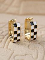 Checkerboard Pattern Hoop Earrings, Casual Enamel Drip Earring Clip for Women for Party, Daily Decor, Trendy All-match Copper...