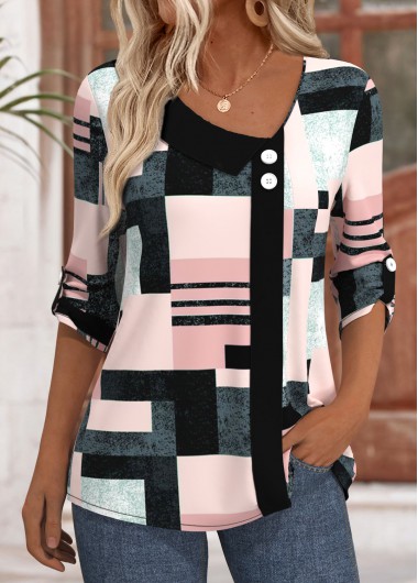 Modlily Pink Geometric Print 3/4 Sleeve Asymmetrical Neck Blouse - L